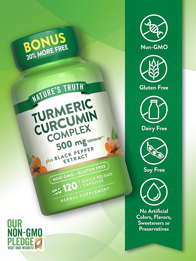 Nature's Truth Turmeric Curcumin 500mg | 120 Capsules | with Black Pepper Extract | Non-GMO and Gluten Free Supplement