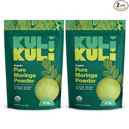 Kuli Kuli Moringa Oleifera Organic Leaf Powder & Green Smoothie, 100% Pure USDA Certified & Non-GMO Moringa Powder, Great with Smoothies, Tea, and Food, 2 Pack