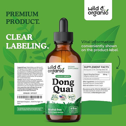 Wild & Organic Dong Quai Supplement for Women - 500 mg Dong Quai Root Extract for Women's Health - Angelica Root Herb Tincture - Female Ginseng Liquid Extract - No Sugar & Alcohol - 4 fl oz