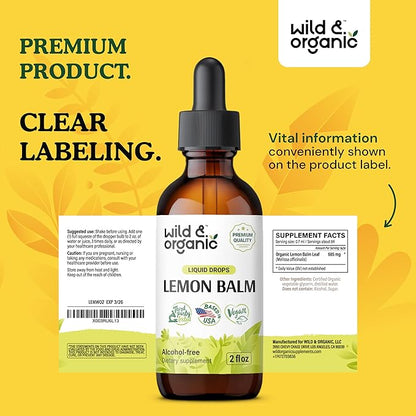 Wild & Organic Lemon Balm Drops - Relaxing Lemon Balm Leaf Extract Supplement - Calming Melissa Officinalis Tincture - Vegan, Sugar & Alcohol-Free - 2 fl oz