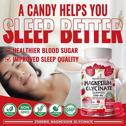 Magnesium Glycinate Gummies 2500mg - Sugar Free Magnesium Potassium Supplement with Vitamin D, B6, CoQ10 for Calm Mood & Sleep Support - 90 Raspberry Gummies