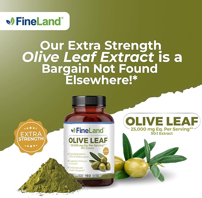 FineLand Olive Leaf Extract 50x, 25,000mg per Capsule | 20% Active Oleuropein | MAX Strength Antioxidants | Immune & Heart Support | 160 Vegan Capsules