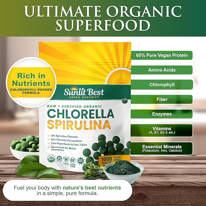 Sunlit Best Chlorella Spirulina Tablets - Organic USDA, Premium Spirulinas and Chlorella Capsules 1000 Pills - Chlorellas Natural Superfood with Spirulina Algae, Enzymes Chlorophyll & Vegan Protein