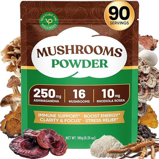 Venture Pal Mushroom Powder – 16 Mushroom Blend with Adaptogens for Coffee & Tea | Ashwagandha, Lion’s Mane, Rhodiola | 10:1 Extract from 100% Fruiting Bodies | 90 Servings
