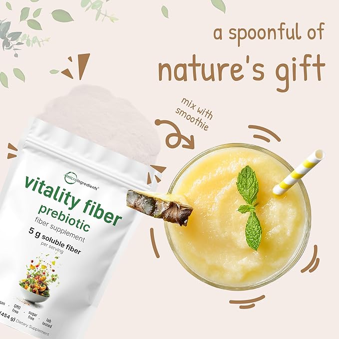 Vitality Fiber Supplement, 1lb Powder | Natural Prebiotic with Inulin & FOS | Daily Soluble Fiber for Digestive & Gut Health | Easy to Dissolve | Unflavored | Non-GMO, Gluten-Free, Vegan