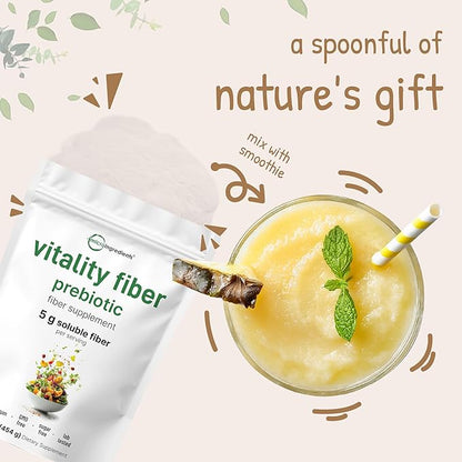 Vitality Fiber Supplement, 1lb Powder | Natural Prebiotic with Inulin & FOS | Daily Soluble Fiber for Digestive & Gut Health | Easy to Dissolve | Unflavored | Non-GMO, Gluten-Free, Vegan