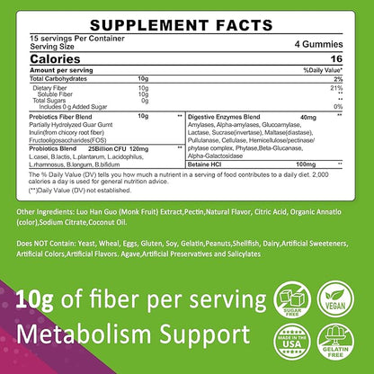 Fiber Gummies for Adults, Sugar Free 10g Prebiotic Fiber Supplement with Digestive Enzymes, Probiotics & 100mg Betaine for Digestive & Gut Health and Regulate Bowel Movement, Vegan, Gelatin Free,120ct