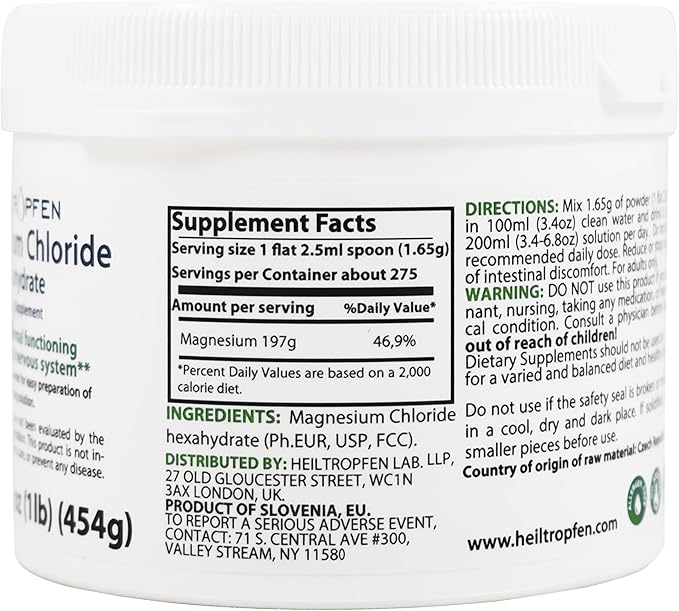 1 Pound Magnesium Chloride Hexahydrate | Pharmaceutical Grade Ingredients | Crystal Powder | Pure Ph. EUR., BP, USP, 100% | Heiltropfen®