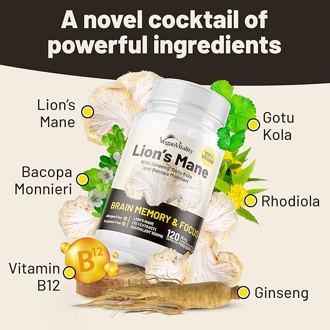 Vegan Vitality Lions Mane Supplement Capsules - Nootropic Brain Support Supplement, Lions Mane Mushroom Extract Capsules - 120 Vegan Bacopa Monnieri, Gotu Kola, Ginseng