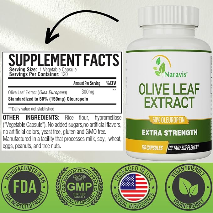 Olive Leaf Extract - 4-Month Supply - 50% Oleuropein Highest Concentration