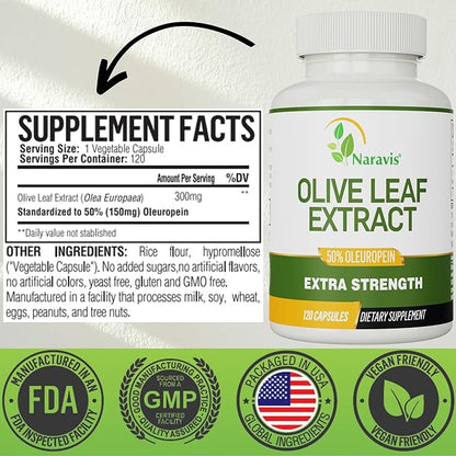 Olive Leaf Extract - 4-Month Supply - 50% Oleuropein Highest Concentration