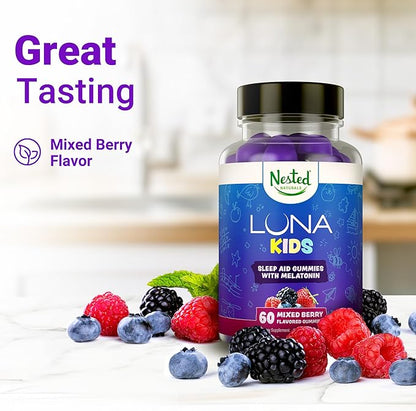 Nested Naturals Luna Kids Sleep Gummies - Non-Habit Forming Kids Melatonin Gummy with Valerian Root, Chamomile, and Lemon Balm - Children's Melatonin Sleep Aid - Mixed Berry, 60 Vegan Gummies