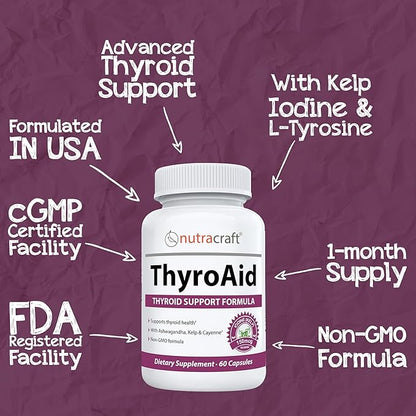ThyroAid #1 Thyroid Support Supplement | Natural Herbal Thyroid Formula with Iodine (Kelp), Ashwagandha, L-Tyrosine & More | Support Thyroid Health & Energy Levels | 60 Capsules