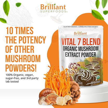 Ellie's Best 7 Mushroom Powder Extract Blend Supplement Organic 114 Servings High Potency Double Extracted Cordyceps, Reishi, Turkey Tail, Chaga, Lion's Mane - 4oz