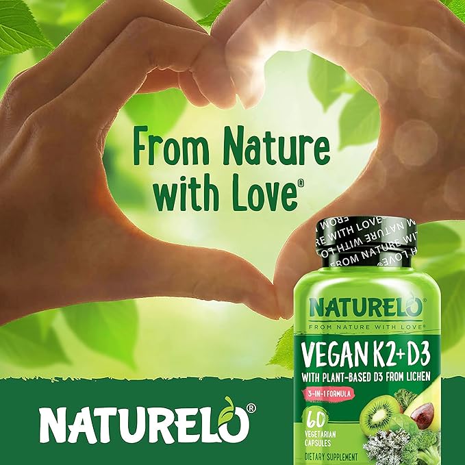 NATURELO Vitamin D3 K2 - Vegan K2+D3 with Plant Based D3 from Lichen - Natural D3 Supplement for Immune System, Bone Support, Heart Health - Whole Food - Non-GMO - Gluten Free, 60 Capsules (Pack of 2)