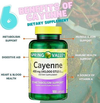 Spring Valley Cayenne Capsules 455 mg (Cayenne Fruit - 40,000 STU), Dietary Supplement, Herbal Support, 100 Count (Pack of 1)