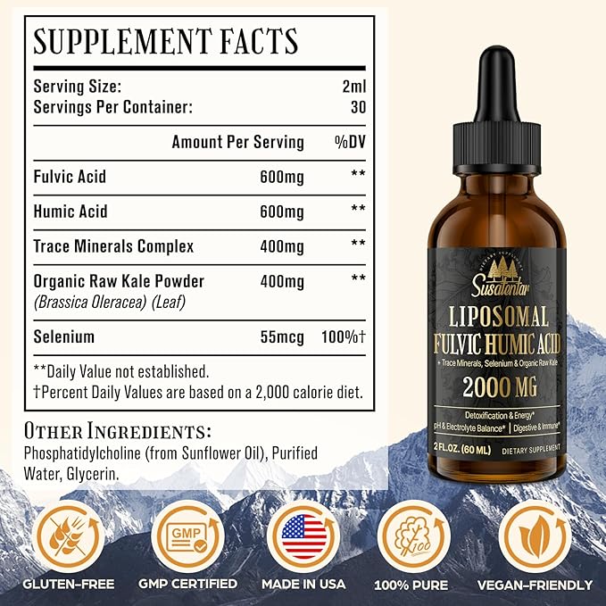 Trace Minerals Electrolytes Drops 2000 MG | Liquid Liposomal Fulvic Humic Acid Supplement | 85+ Trace Minerals | Hydration | Detoxification | Energy | pH Balance | Digestion | Immunity | 8 Oz