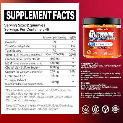 Sugar Free Glucosamine Chondroitin Gummgies, Extra Strength 1500mg with MSM &Turmeric， Orange Flavor, Gluten-Free Gummies (90 Count)