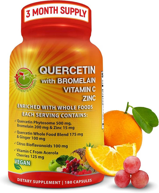 Quercetin with Bromelain Vitamin C and Zinc Enriched with Organic Whole Foods - 1215mg per Serving - Quercetin Phytosome 500mg Capsules with Ginger and Flavonoids for Immune Support - 180 count