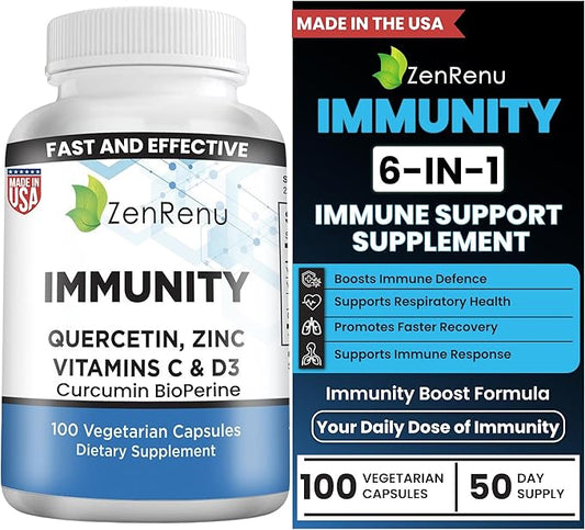 Zenrenu Immunity Quercetin 700 mg Zinc Vitamin C Vitamin D Immune Support Supplement with Curcumin - Easy to Absorb Immunity Supplement, 100 Vegetarian Capsules 50 Day Supply