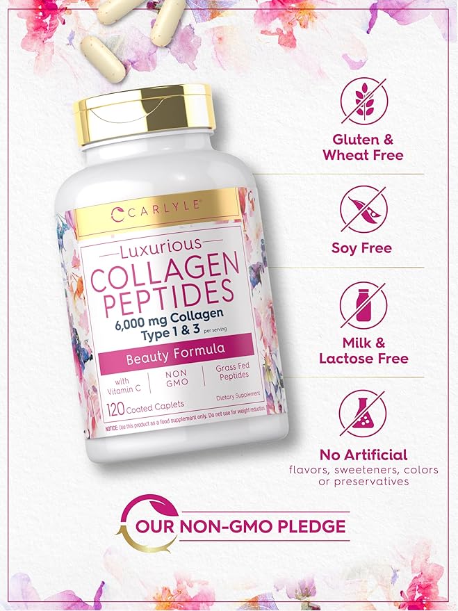 Carlyle Collagen with Vitamin C | 6000mg | 120 Caplets | Multi Collagen Peptide Pills | Type 1 and 3 | Non-GMO, Gluten Free, Grass Fed