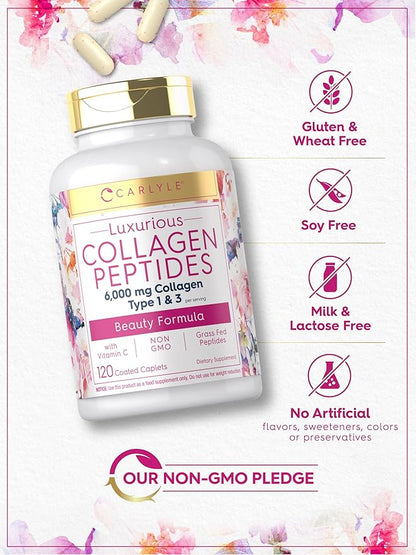 Carlyle Collagen with Vitamin C | 6000mg | 120 Caplets | Multi Collagen Peptide Pills | Type 1 and 3 | Non-GMO, Gluten Free, Grass Fed