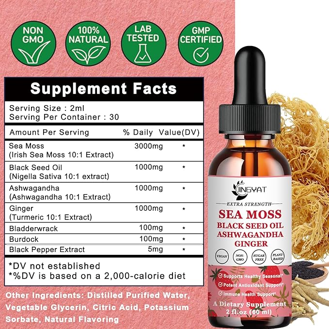 (2 Pack) Sea Moss Black Seed Oil Ashwagandha Ginger Liquid Drops, Rich in Vitamins with Burdock Root, Bladderwrack, Vegan Irish Sea Moss, 6X Stronger Than Pills & Capsules