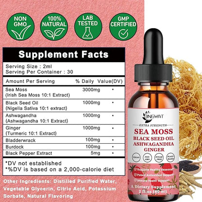 (2 Pack) Sea Moss Black Seed Oil Ashwagandha Ginger Liquid Drops, Rich in Vitamins with Burdock Root, Bladderwrack, Vegan Irish Sea Moss, 6X Stronger Than Pills & Capsules