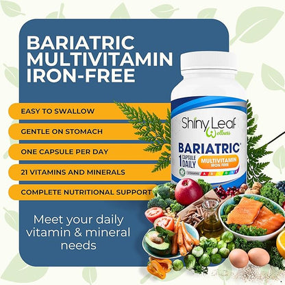 Shiny Leaf Bariatric Multivitamin Without Iron - Vitamins for Gastric Bypass & Sleeve, 1 Daily Capsule W Vitamin A, C, D, Biotin, Zinc, B12, K, Vegetarian, Soy-Free, GMP Cert., Made in USA (90 Ct.)