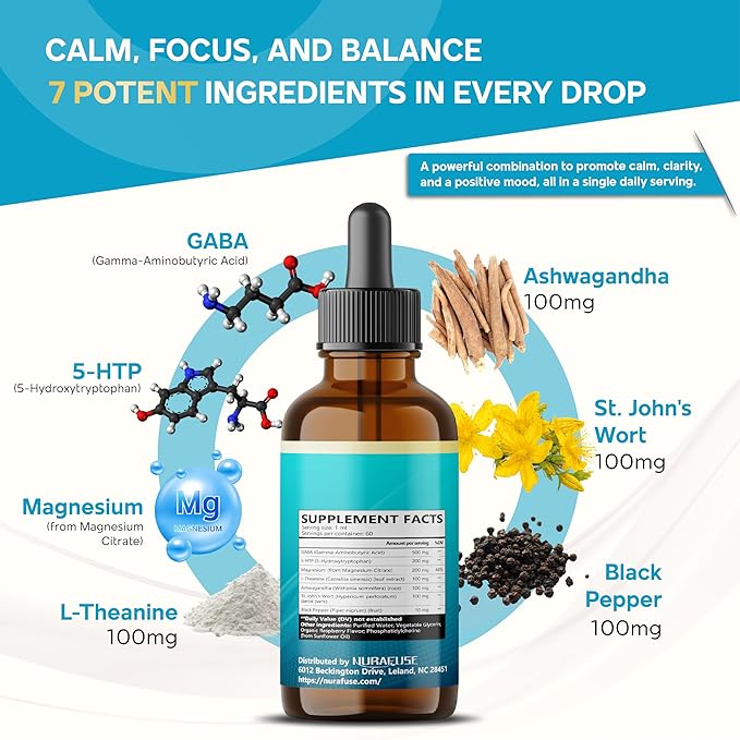 Liposomal GABA, 5-HTP, Magnesium, Theanine, Ashwagandha Liquid Drops – Ultra Potent, Raspberry Taste, USA Made & Lab Tested – 2 FL OZ (60ml)