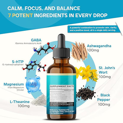 Liposomal GABA, 5-HTP, Magnesium, Theanine, Ashwagandha Liquid Drops – Ultra Potent, Raspberry Taste, USA Made & Lab Tested – 2 FL OZ (60ml)