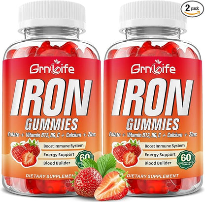 Iron Gummies for Women, Men & Kids, Sugar Free Iron Supplement with Calcium, Zinc, Folate & Vitamin B12, C, B6 - for Blood Building & Energy Support, Anemia, Strawberry, 120 Count