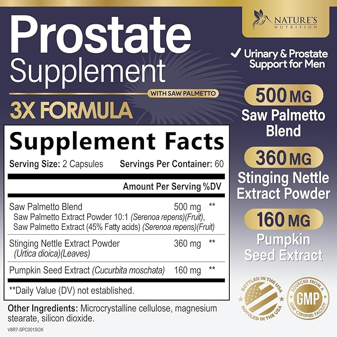 Prostate Health Supplements for Men - Support Complex Formula with Saw Palmetto, Beta Sitosterol, Stinging Nettle, Pygeum, Pumpkin Seed, Zinc - Supports Prostate & Urinary Health - 120 Capsules