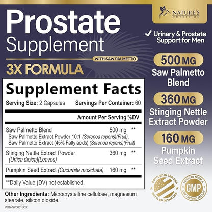 Prostate Health Supplements for Men - Support Complex Formula with Saw Palmetto, Beta Sitosterol, Stinging Nettle, Pygeum, Pumpkin Seed, Zinc - Supports Prostate & Urinary Health - 120 Capsules