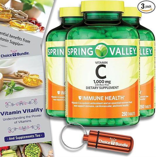 Spring Valley Vitamin C with Rose HIPS Tablets Dietary Supplement 1,000 mg 250 ct 3 pk (750 Total) + Vitamin Guide & Pill Container (5 Items)!