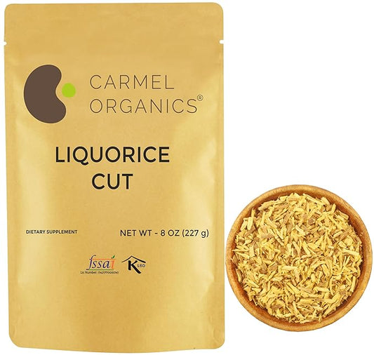 CARMEL ORGANICS Licorice(Mulethi) Root Cut 8 Ounce | Indian Yashtimadhu for Your Health,Skin and Hair Care | Glycyrrhiza Glabra | No Added Preservatives