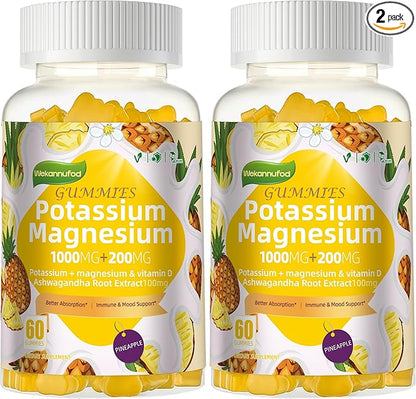Potassium Magnesium Gummies,High Absorption Magnesium Glycinate,B6,D3,Potassium Citrate for Leg Cramps,Muscle,Electroyte for Adults Kids,Sugar-Free, 120 Gummies (Pineapple)