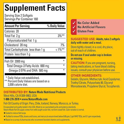 Nature Made Burp Less Fish Oil Omega 3 Supplements, 1000mg Softgels, Omega 3 Fish Oil Supplements for Healthy Heart Support, 320 Softgels, 160 Day Supply