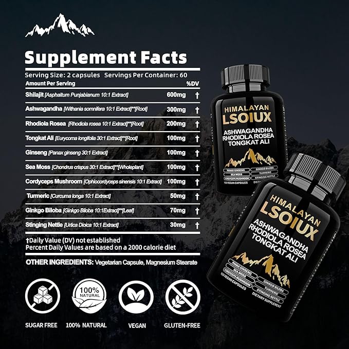 Shilajit Pure Himalayan Organic - 26500MG Shilajit for Men- Enriched with Fulvic Acid and Ashwagandha Ginseng Root Extract for Men/Women-120 Capsules