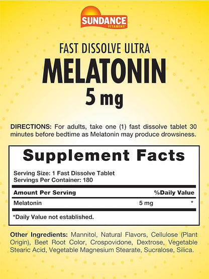 Sundance Melatonin 5mg Tablets | 180 Vegetarian Count | Fast Dissolve | Natural Berry Flavor | Vegetarian, Non-GMO and Gluten Free Supplement