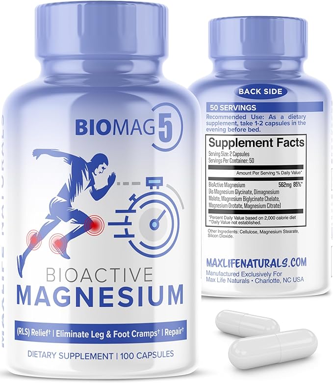 BioMag 5 Magnesium Supplement – 5 Magnesium Complex Formula with Glycinate, Malate, Bisglycinate Chelate, Orotate, Citrate – 100 Capsules