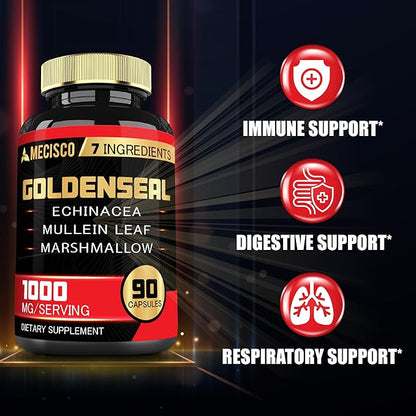 Goldenseal Root Capsule Organic with Echinacea, Mullein Leaf, Plantain & More - 90 Veggie Capsules - 7in1 Supports Immune System, Digestive Health, Smooth Breathing, and Body Management