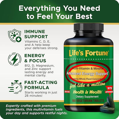 Life's Fortune Multivitamin & Mineral, All Natural Energy Source for Men & Women Supplying Whole Food Concentrates, Antioxidants, Amino Acids, Enzymes, Trace Minerals & More, 180 Tab