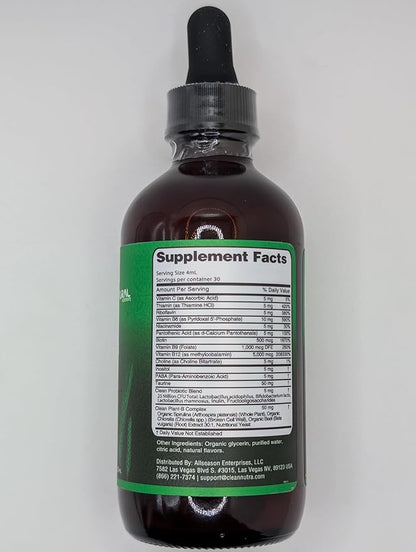 Vitamin B Complex Liquid Drops | Thiamine B1, B6, B2, B3, B4, B5, B7 B9, B12, Niacinamide, Paba, Choline Inositol Taurine Probiotics Beet Root Spirulina - Plant-B Vitamin Supplements by Clean Nutra
