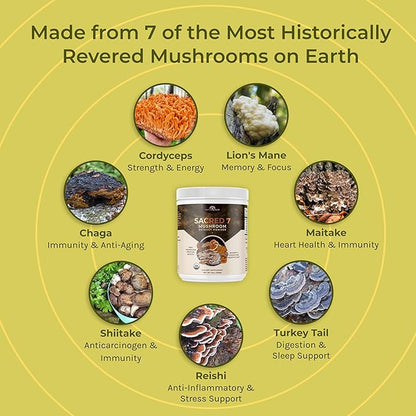 Sacred 7 Mushroom Coffee Booster | Organic Mushroom Supplement Powder – Lions Mane, Reishi, Chaga & More | Adaptogen + Nootropic | 100% Fruiting Bodies | Mix with Coffee,Tea, Smoothies - 226 Servings