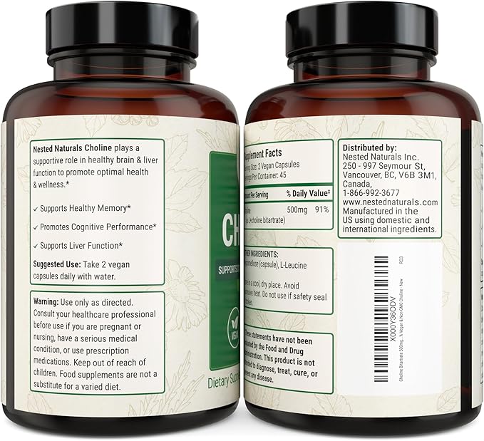 Nested Naturals Choline Bitartrate 500mg - High Potency Choline Supplements - Supports Cognitive Performance & Liver Function - 100% Vegan & Non-GMO - 2-Pack (180 Vegan Capsules)