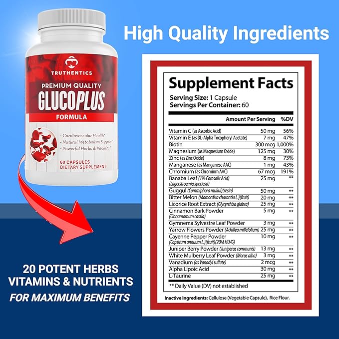TRUTHENTICS GlucoPlus - 20 Herbs, Vitamins & Minerals with Cinnamon, Chromium, Vanadium, Bitter Melon, Alpha Lipoic Acid, Magnesium - Gluten Free, Non-GMO - 60 Capsules
