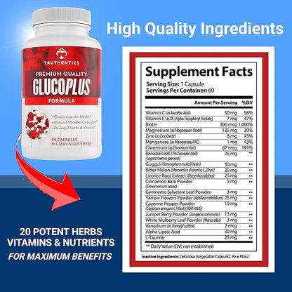 TRUTHENTICS GlucoPlus - 20 Herbs, Vitamins & Minerals with Cinnamon, Chromium, Vanadium, Bitter Melon, Alpha Lipoic Acid, Magnesium - Gluten Free, Non-GMO - 60 Capsules