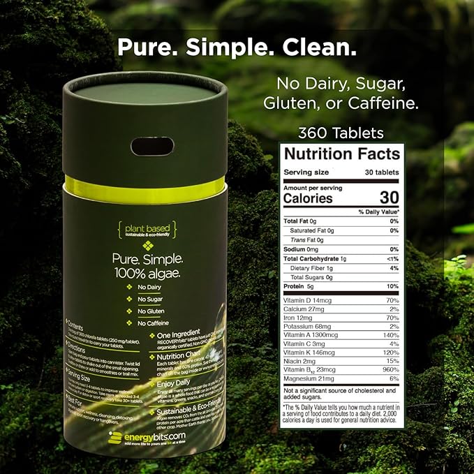 RECOVERYbits - Organic Chlorella Tablets - Plant-Based Algae Superfood - Chlorophyll - Cracked Cell Wall - Energy - Immune System - Detox - Keto - Vegan - Non-GMO - Small Canister - 360 Tablets