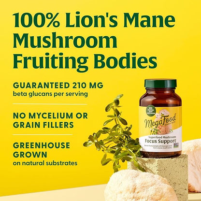 MegaFood Superfood Mushroom Focus Support - Doctor Formulated Lions Mane Supplement Capsules - Lions Mane Mushroom Supplement with Clinically Studied Bacopa - Vegan - 60 Capsules, 30 Servings